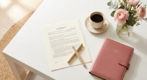結婚相談所の契約書類とペンの俯瞰イメージ