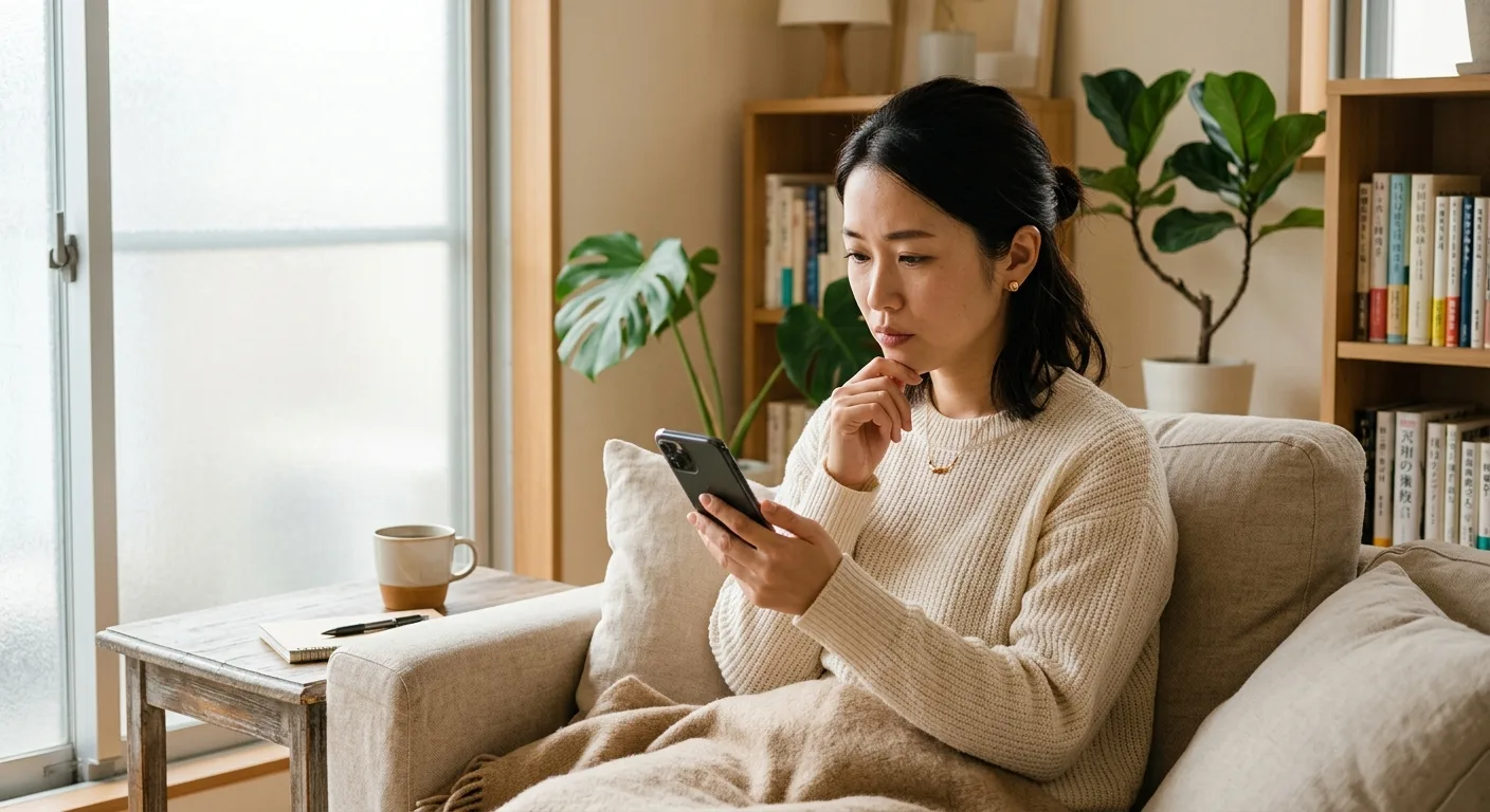 悩みながらスマホを見る30代女性