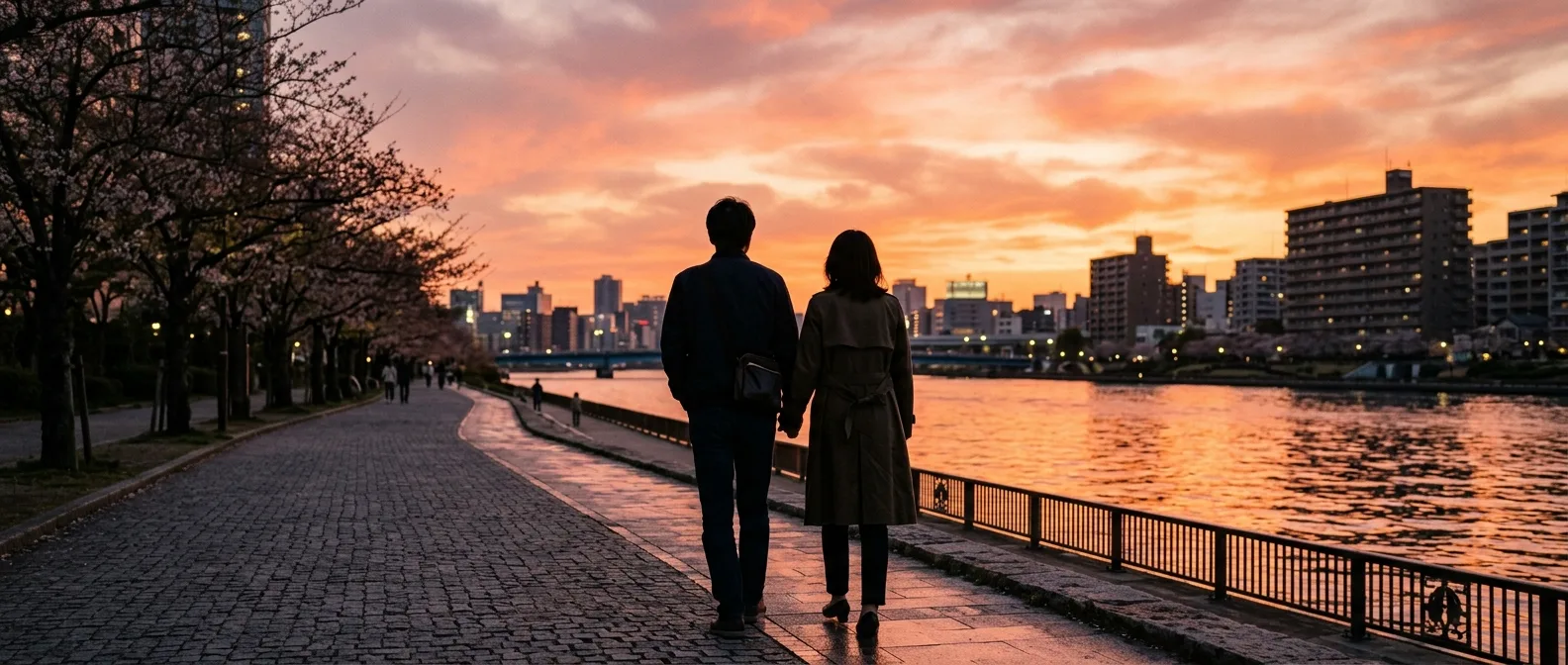 夕暮れの遊歩道を歩くカップルの後ろ姿シルエット