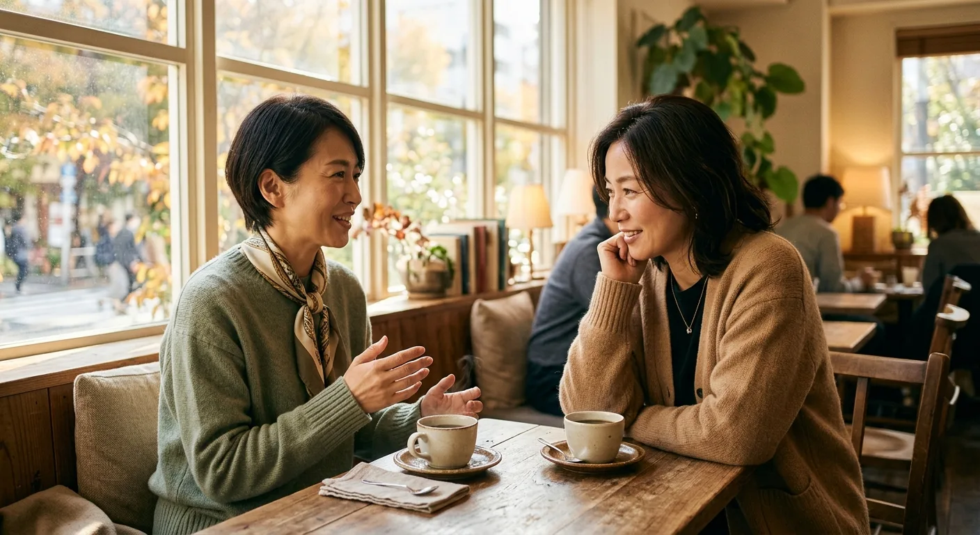 カフェで支え合う女性友達同士の温かい会話イメージ