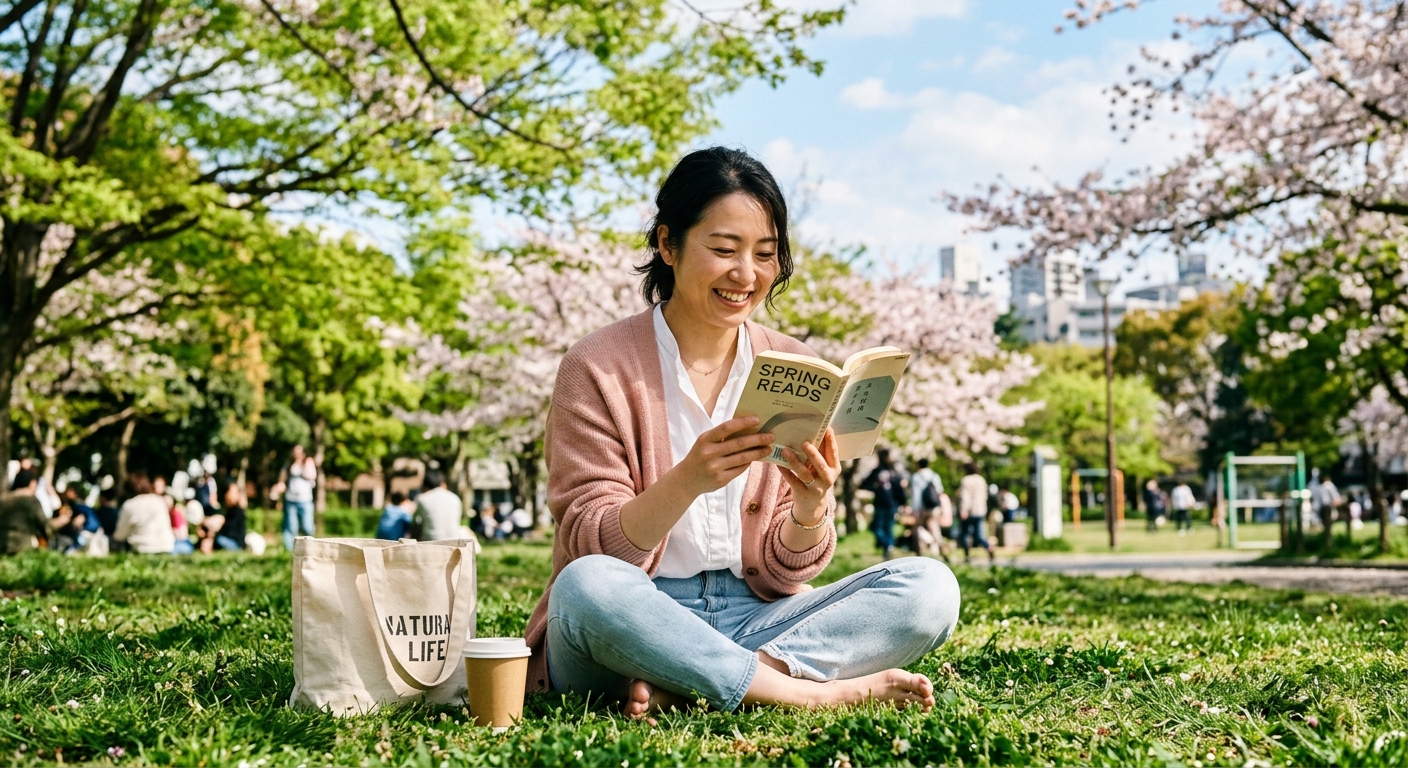 公園の芝生に座って読書する30代女性のイメージ