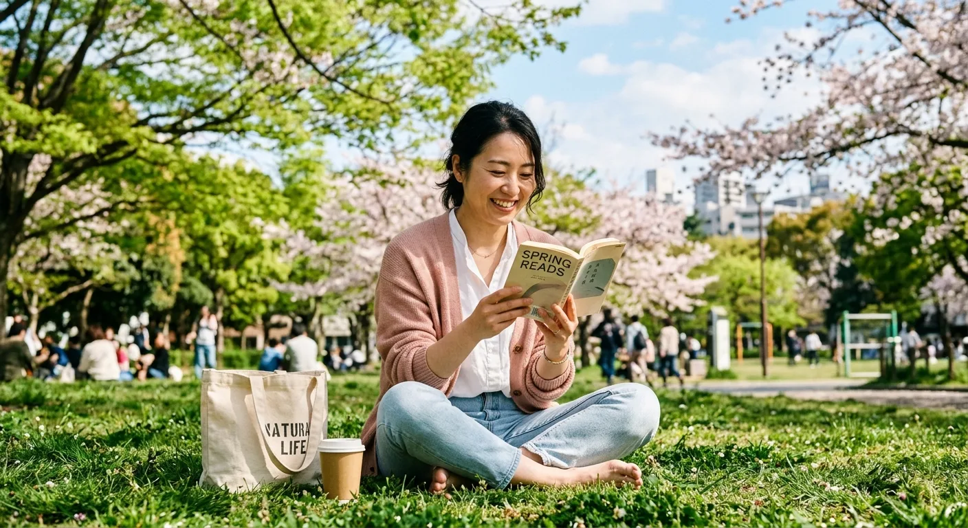 公園の芝生に座って読書する30代女性のイメージ