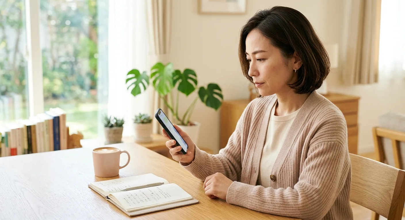 プロフィールを慎重にチェックする40代女性のイメージ