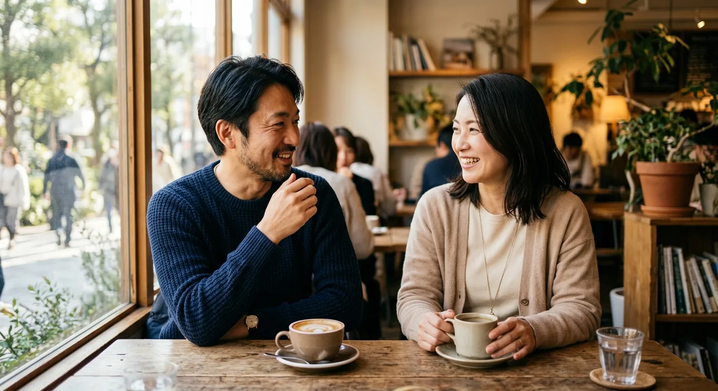カフェで対面して笑顔を交わす男女カップルのイメージ