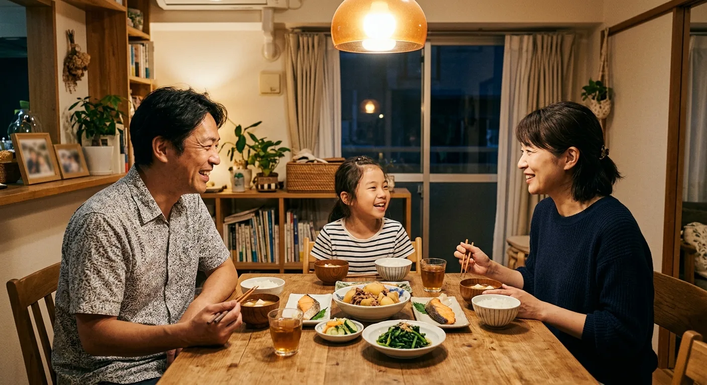 新しい家族3人で食卓を囲む温かい夕食シーン