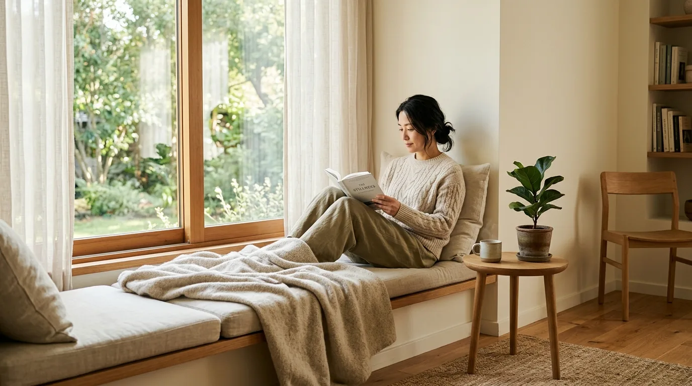 窓辺で本を読みながら一人時間を過ごす静かなイメージ