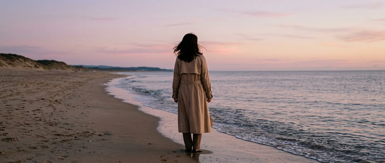 海辺で次の章を考える女性の後ろ姿シルエットのイメージ