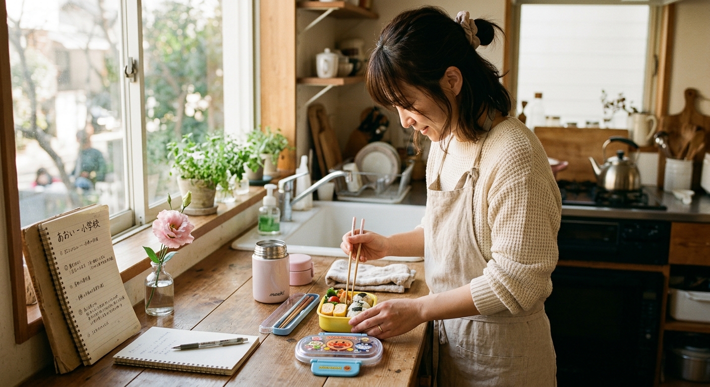 朝のキッチンで子供のお弁当を作るシングルマザーの後ろ姿のイメージ