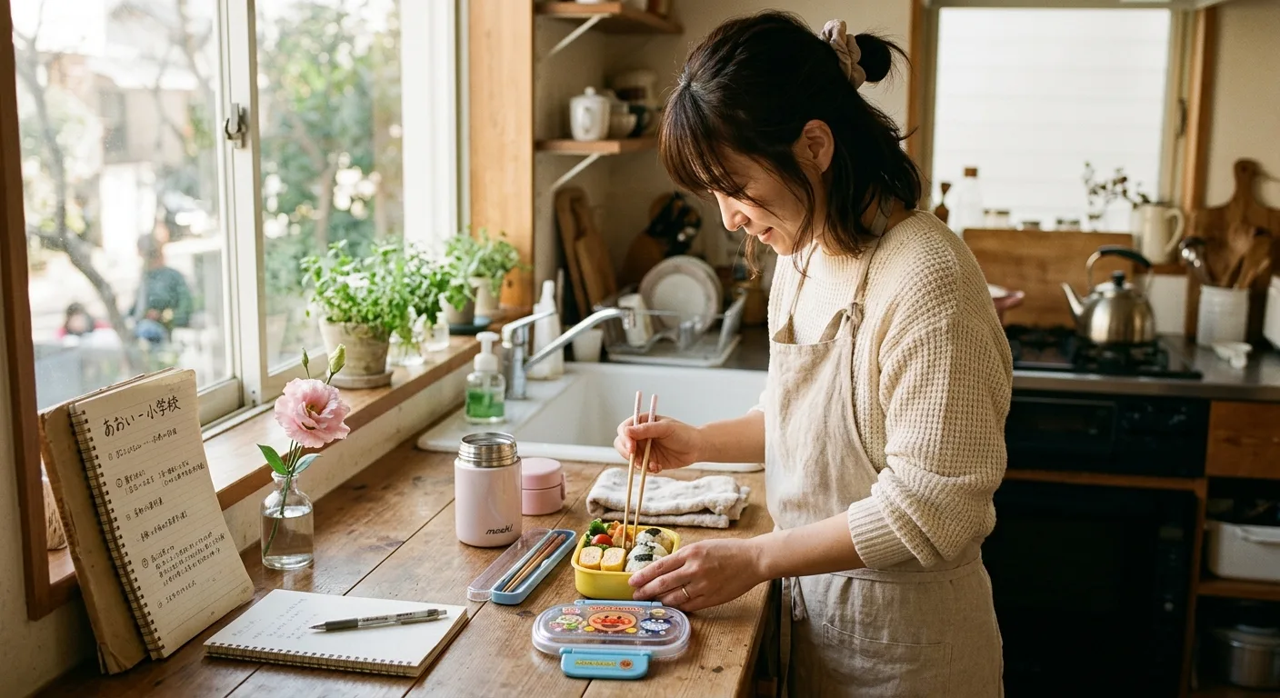 朝のキッチンで子供のお弁当を作るシングルマザーの後ろ姿のイメージ