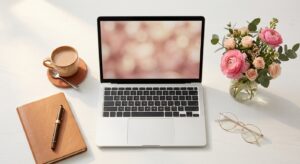 オンライン婚活のためのラップトップとコーヒーの俯瞰イメージ