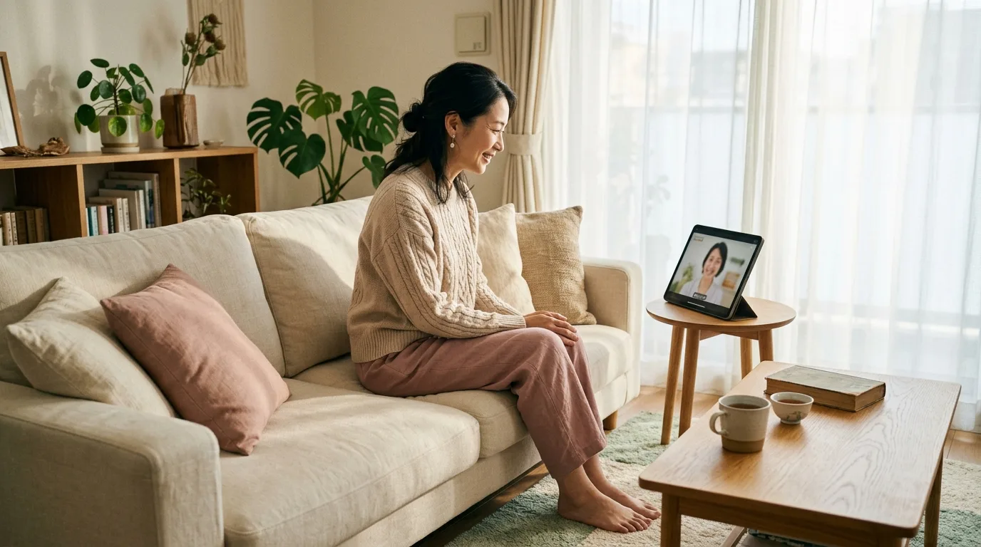 自宅のソファでオンライン婚活相談を受けるリラックスシーン
