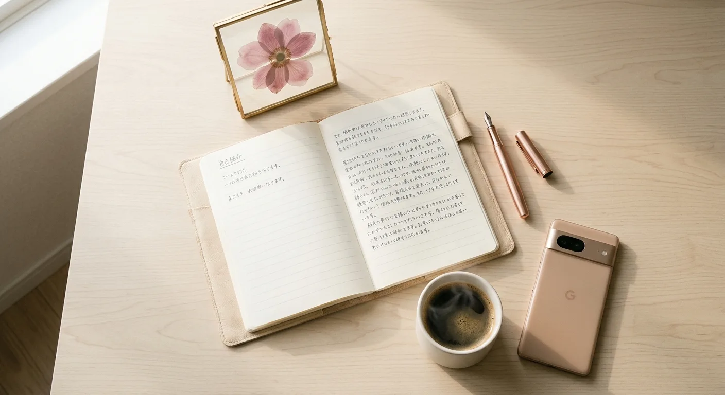 自己紹介文のテンプレートを書くノートとペンのフラットレイ